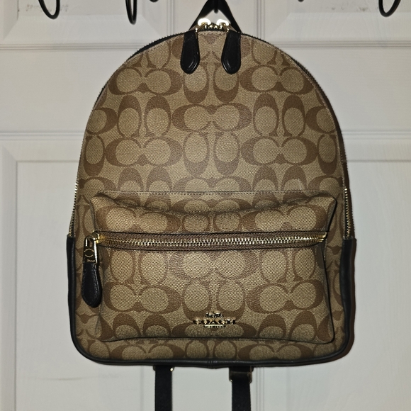 COACH F32200 Charlie Tan Brown Signature Coated Canvas Black Leather Backpack - Picture 1 of 16